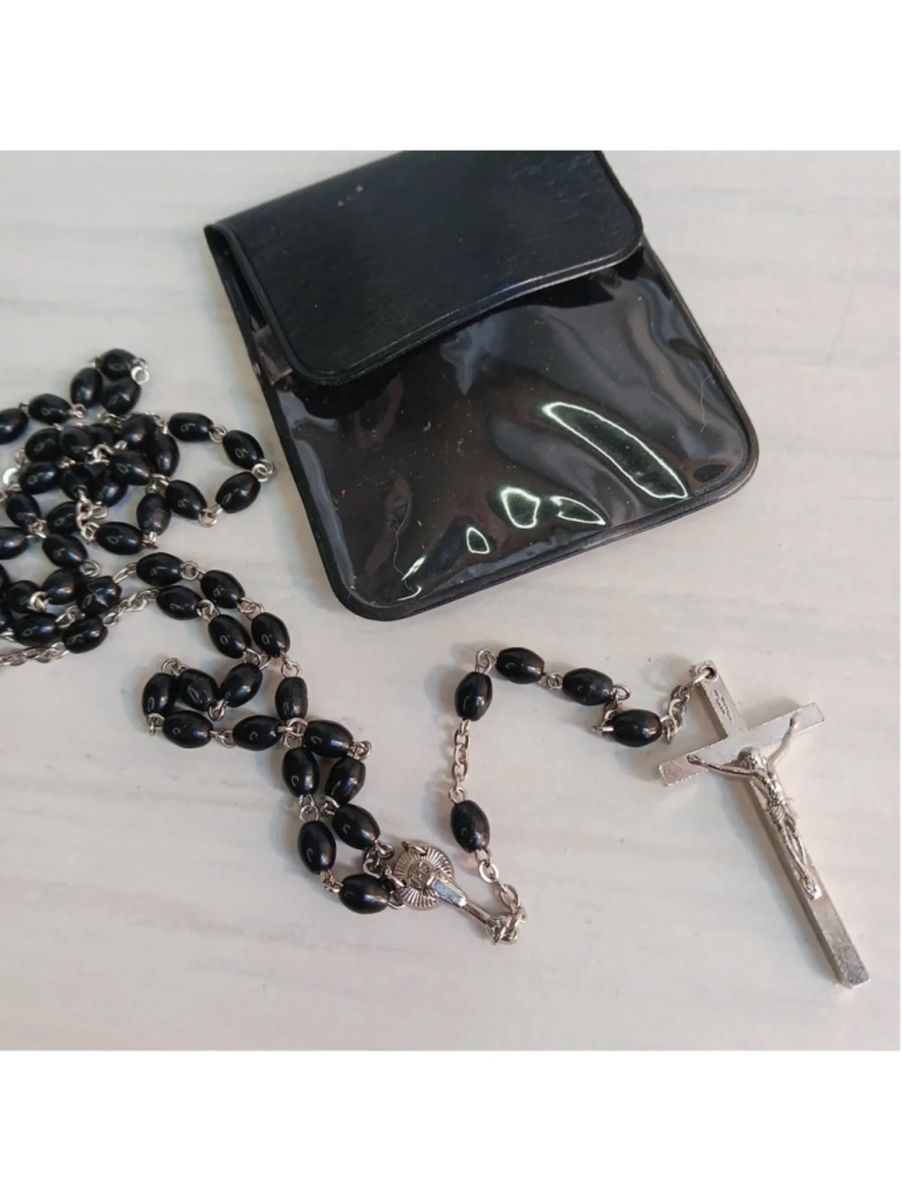 Vintage Silver Black Bead Prayer Rosary Catholic INRI With Pouch